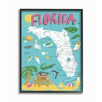 Stupell Home Decor Collection Florida TEAL plava i ružičasta ilustrirana scenska mapa plakata uokvirena Giclee