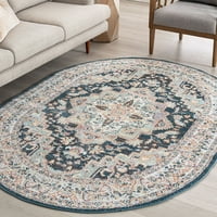 Tradicionalni tepih u tamnoplavoj boji, krem ovalni za unutarnje prostore, lako se čisti
