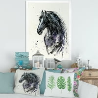 Dizajnerska umjetnost Izbliza frizijskog konja s dugom grivom, uokvirena umjetnička gravura seoske kuće