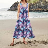 Modno ljeto ugodno udoban cvjetni print pamuk bez rukava s džepnom haljinom za plažu za žene