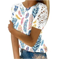 Zunfeo T majice za žene- Dame ispisane posade kratkih rukava za vrat pulover čipke košulje bluza plava xxl