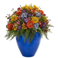 Gotovo prirodni divovski umjetni aranžman mješovitog cvijeća u plavoj vazi